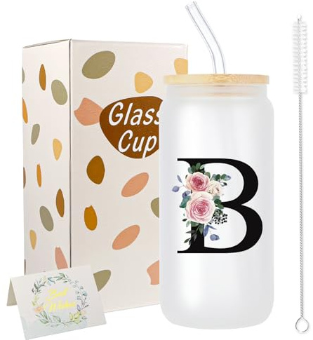 JEKUGOT Regalos personalizados para mujeres, vaso personalizado para mujeres, tazas personalizadas de la A a la Z para mujeres, amigas, taza de vidrio con tapa y pajita, taza de viaje personalizada