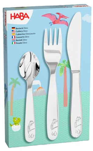 HABA bestick dinosaurier – barnbestick i rostfritt stål med dino-motiv – set med gaffel, kniv och sked – diskmaskinssäker – från 12 månader – 2012819005