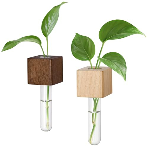 Magnetic Test Tube Vases for Refrigerator, Set of 2 Magnetic Wooden Pots with Glass Tubes, Light and Dark Wood Color, Propagation Station for Hydroponic Display