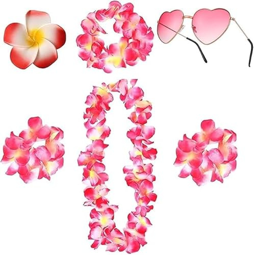 FeiOne 6-Teiliges Set Hawaii Outfit Damen mit Blumenkranz, Blumenhaarband, Blumenarmbandes, Blütenkopfes & Herz Sonnenbrille – Perfekt für Strandpartys, Sommerfeste & Karneval