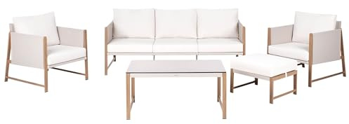 Beliani Modernes 5-Sitzer-Gartensofa-Set mit Metallgestell in Holzoptik, Tisch und Ottomane Hellbeige Kissen NOLA