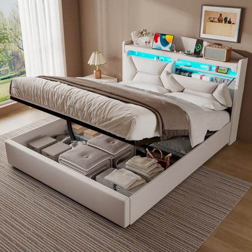ZUUYEE Polsterbett Doppelbett 140x200 cm mit LED, USB C, Hydraulische Bett mit Stauraum und Kopfteil, Stauraumbett Bettgestell mit Metallrahmen Bettkasten und Lattenrost, Leinen, Beige, Ohne Matratze