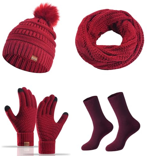 MAZELIKEHOOD Set Sciarpa Cappello Guanti Calzino Donna Caldo Cappello di Bobble con Sciarpa a Maglia e Guanti Tessuto Morbido e Comodo Invernale Ideale per Regalo di Natale Accessori Inverno Moda