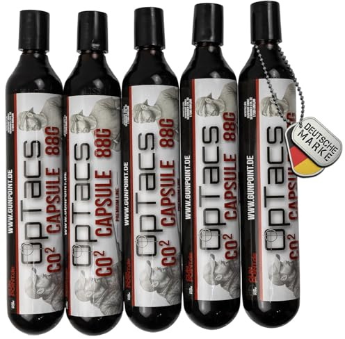 OpTacs 88g CO2 Kapsel 5er Set – CO₂-Kartusche für Luftdruckwaffen, Airsoft, Paintball – Gewinde M16x1,5 – langanhaltend & präzise
