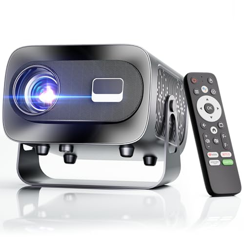 [App Intégrée] Vidéoprojecteur 1080P 4K Mini Projecteur Home Cinéma | Supporté pour Correction Trapézoïdale Automatique, Android TV BT5.1 360° Rotation, TV Stick/avec HDMI,