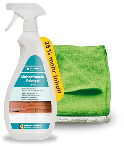 HOTREGA Küchenfronten Reiniger Matt 750ml | Inkl. 2 Microfasertücher | Pflegespray gegen Fingerabdrücke | Streifenfrei ohne Nachpolieren | Für Lack, Folie, Kunststoff & Edelstahl Oberflächen