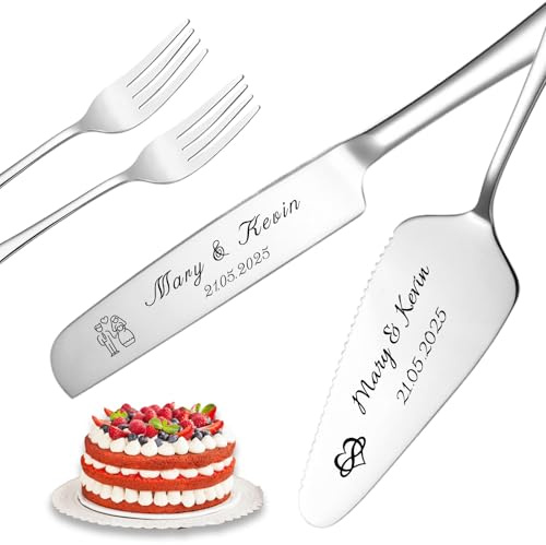 QSZ Personalised Engraved Wedding Cake Server with Names Text | Stainless Steel Cake Cutting Set Wedding Gifts for Bride Groom