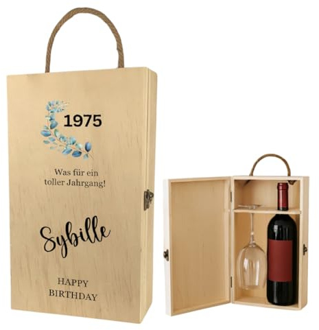 AWASG Weinbox Holz personalisiert Geburtstag, Geschenkbox Weinflasche mit Weinglas, Geschenkkiste Holzbox Wein, Weingeschenk Flaschenbox (2 Flaschen inkl Glas Happy Birthday Jahrgang)