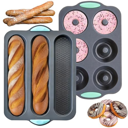 2 PCS Silicone Bread Pan with 1pcs 3-Cavity Baguette Pan & 1pcs 6-Cavity Donut Molds Non-Stick & Food Grade Bread Mold for Baking French Baguette, Sandwich Rolls, Breakfast Dinner, Donuts