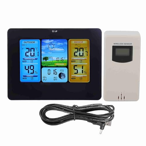 Culnflun Stazione Meteo Wireless, Termometro Orologio Digitale LCD 17 x 3 x 13 cm, Montaggio a Parete o da Tavolo Monitor per Temperatura Umidità per Interni ed Esterni, con Allarm (Neutro - nero)