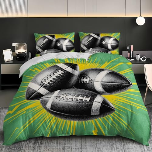 Imprimé 3D Parure de lit ThèMe du Rugby Sportif Housse de Couette 90x190 cm Literie Douce Confortabl Housse de Couette Microfibre Vert 3 pièces pour Ado Enfants Adulte