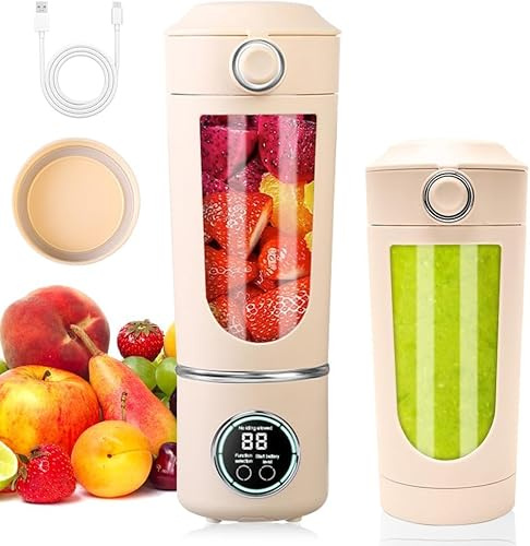 MIUUIPI Batidora Portátil de 700 ml con 12 Cuchillas de Acero Inoxidable y Pantalla Digital, Batidos Recargables y Pequeños para Viajes, Cocina, Fitness (Beige-A)