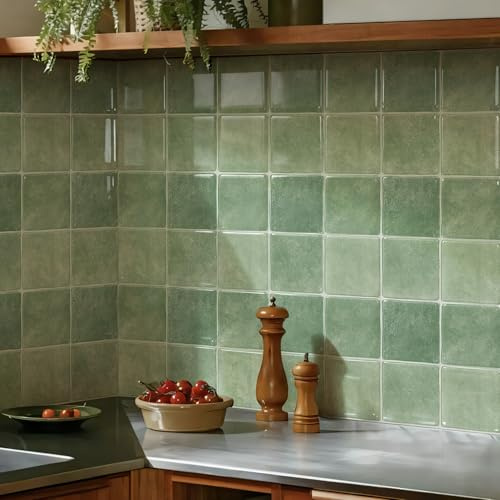 Alwayspon 25.4x25.4cmx10Pcs 3D Vinyl Wall Tile Sticker, Peel and Stick Self-Adhesive Waterproof Splashback Stick on Tile Decals for Kitchen Bathroom Wall, Sage Green