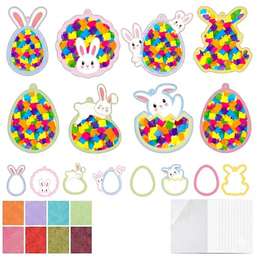 HONHHUO Ostern Basteln Kinder Fensterbilder Set – 24-teiliges Osterbastelset mit Osterhasen & Ostereiern, Bunte Fensterdeko mit Buntglas-Effekt, Bastelspaß für Kindergarten, Schule & Familie