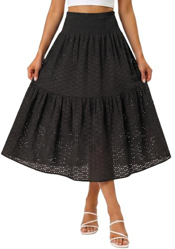 Odizli Rock Damen Sommer Leicht und Luftig High Waist Boho Plissee A Linie Midi Lang Sommerrock Röcke mit Gummizug Faltenrock Plisseerock Midirock Maxirock Damenrock Damenröcke Schwarz M