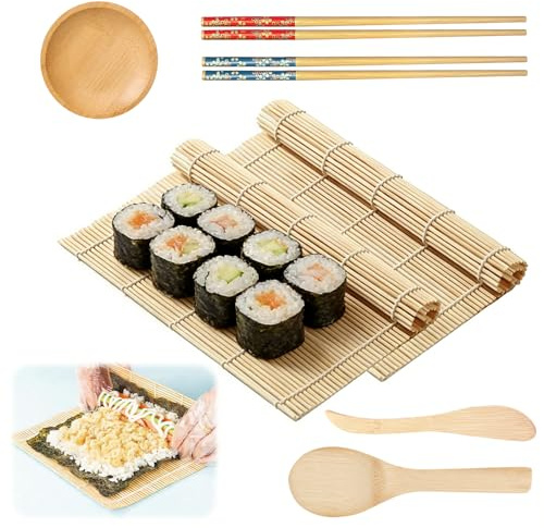 7STK Sushi Matte Bambus Sushi Set zum Selber Machen Bambusmatte Sushi Maker | mit Reislöffel Essstäbchen Essigschale Wiederverwendbare Sushi Bambusmatte Roller Holz Sushi Roller Maker für Anfänger Profi