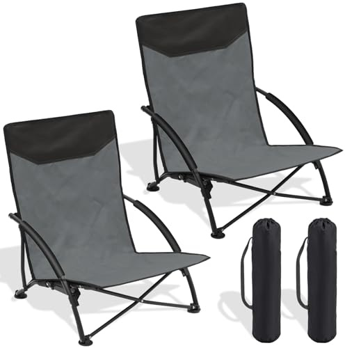 Sekey 2er Set Strandstuhl Klappbar Leicht mit Niedrigen Beinen & Gepolsterten Armlehnen - Faltbarer Outdoor Campingstuhl für Strand Angeln Garten Grau