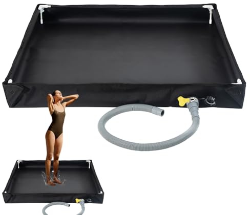 Foldable Shower Base, Portable Shower Tray with Drain Pipe, 80x80x10cm Durable Oxford Waterproof Tent Awning Floor, Camping Shower Base for Indoor Outdoor Shower (Black)