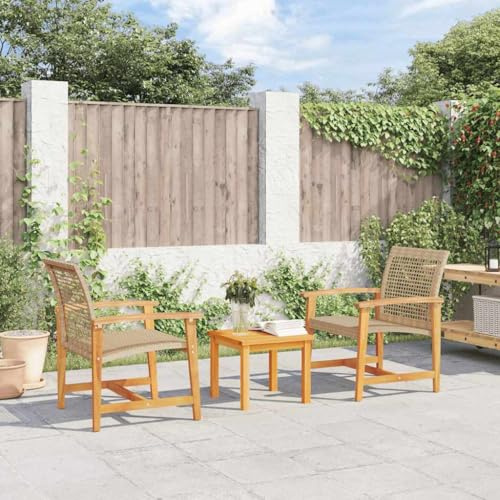 PHGTYUK 3-TLG. Bistro-Set Beige Poly Rattan und Akazienholz mit Metallgestell für Garten Balkon Terrasse, Wetterfestes PE Rattan Gartenmöbel Set mit Holz Tisch und Stühlen