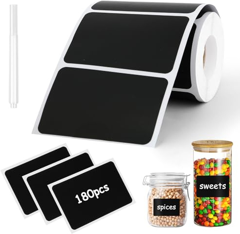 DiULi 180pcs Labels for Jars Waterproof with White Marker, Self Adhesive Easy Peel Square Jar Labels for Kitchen Pantry Organisation, Removable Bottle Stickers for Jam Spice and Food Storage - Black