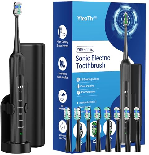 Electric Toothbrush for Adults and Kids, Rechargeable Sonic Toothbrush for Deep Teeth Cleaning, 5 Modes & 3 Intensities, Long Battery, with Travel Case, 8 Brush Heads, Smart Timer,Black