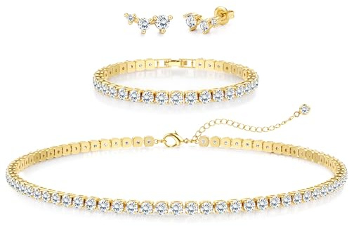 Diamday Jewellery Set for Women, Tennis Necklace Bracelet Earrings Set | 925 Sterling Silver Post Stud Hoop Earrings Hypoallergenic Chocker Necklace Bracelet for Prom Costume Wedding Bridesmaids