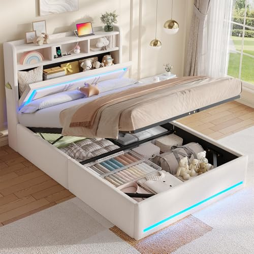 AOGLLATI Letto Singolo con Contenitore, Letto Singolo 90x200 cm con Luci LED, 3 USB e 1 Type-C, Struttura Letto con Cassone Idraulico e Testiera, letto Imbottito Adatto per Bambini e Adulti, Beige