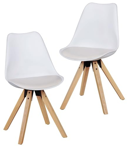 FineBuy Esszimmerstuhl 2er Set Weiß mit Holzbeinen, Küchenstuhl | skandinavische Stühle mit Kunstlederbezug, Schalenstuhl mit Filzgleitern, Polsterstuhl Retro, bequeme Sitzschale