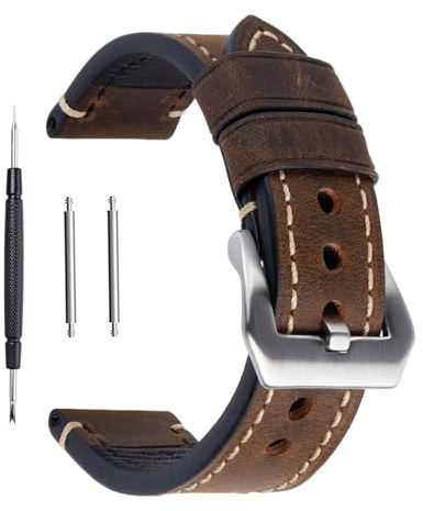 Berfine Mörkbrunt 22 mm äkta läder armbandsur klockarmband olja solbränna vintage klockarmband för män med rostfritt spänne