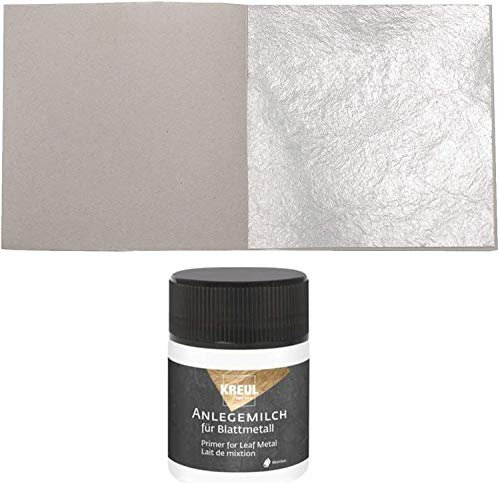 50 Blatt Echtes Feines Blattsilber 6 cm x 6 cm Echt Silber 925 zum Versilbern & Basteln Silberblatt Silberfolie Kunst Handwerk Dekoration Restaurierung Möbel + 1 x Kreul Anlegemilch Kleber 50ml