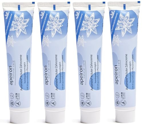 APEIRON Auromere Kräuter Zahncreme, Bei Homöopathie (4 X 75 Ml), Minze Geschmack, Bio Zahnpasta, Vegan, Fluoridfrei, Homöopathieverträglich, Naturkosmetik