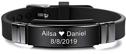 MeMeDIY Braccialetto Identificativo Personalizzato da Polso Sportivo con Incisione, Personalizzato per Uomo, Donna, Acciaio Inossidabile, Gomma Regolabile 15mm Largo