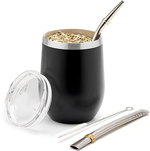 BALIBETOV Set Maté – Tasse à Maté, 2 Bombillas & Brosse de Nettoyage – Double Paroi Isolante – Couvercle Sans BPA – Maintien de la Température