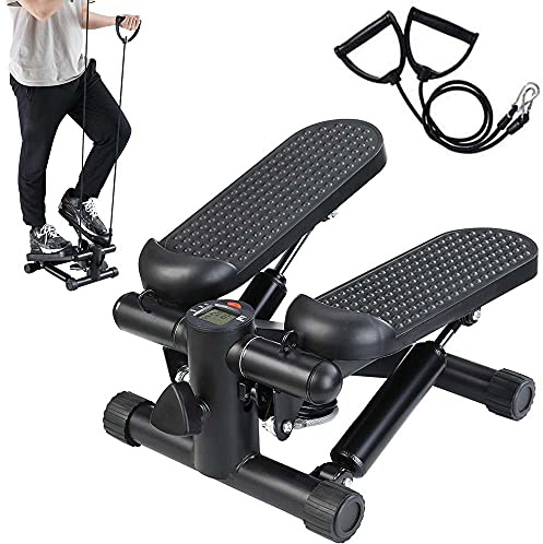 BAKAJI Stepper Allenamento Fitness Cardio Gambe Pancia Fianchi con Display LCD Calorie Tempo e Manubri Elastici Allenamneto Braccia Spalle Struttura in Acciaio Inox Pedali Antiscivolo (Nero)
