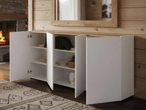 Dmora - Buffet Ulundi, Buffet du Salon, Commode de Salon, Garde-Manger de Cuisine, Made in Italy, 203x40h92 cm, Blanc Brillant et chêne