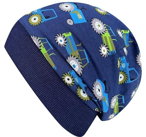 Wollhuhn Öko Warme Kuschelige Winter Jungen/Mädchen Winter Beanie-Mütze Mit Fleecefutter Versch. Motive (aus Öko-Stoffen, Bio) 20220666 (S, Trecker/Traktor Dunkelblau)