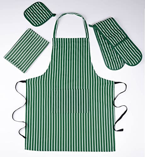 Double Oven Gloves Set with Apron Heat Resistant Oven Mitts for Home Kitchen Baking and Cooking, Butchers Stripe Pot Pan Tray Double Oven Gloves Set (Green)