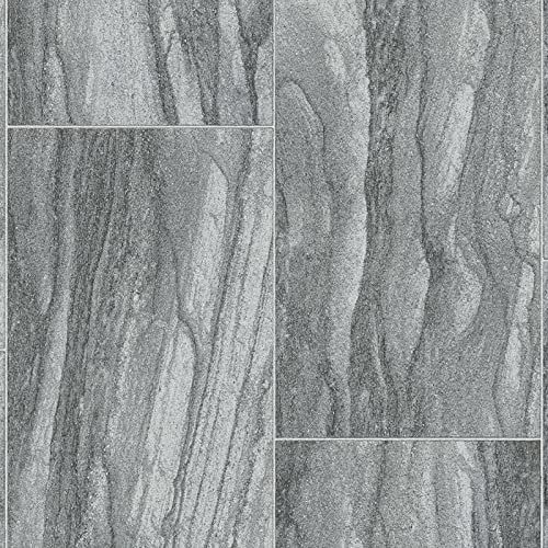 Tile Effect Vinyl Flooring 5mm Thick Lino for Bathroom Kitchen Hall (Grey Marble Tiles, 6.5m x 4m)