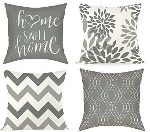 Joyshare Kissenbezug 45x45 4er Set,Dekorative Sofakissen Kissenbezüge Leinen,Home Sweet Home Grau Kissenhülle mit Verstecktem Reissverschluss,45×45cm Grau