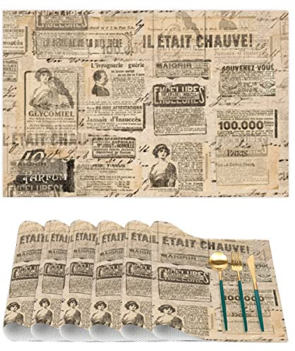 Set mit 6 Vintage-Zeitungs-Tischsets für Esstisch, rutschfest, schmutzabweisend, Zeitungsspint, langlebig, PVC-Tischsets für Party, Esszimmer, Dekoration (30,5 x 45,7 cm)