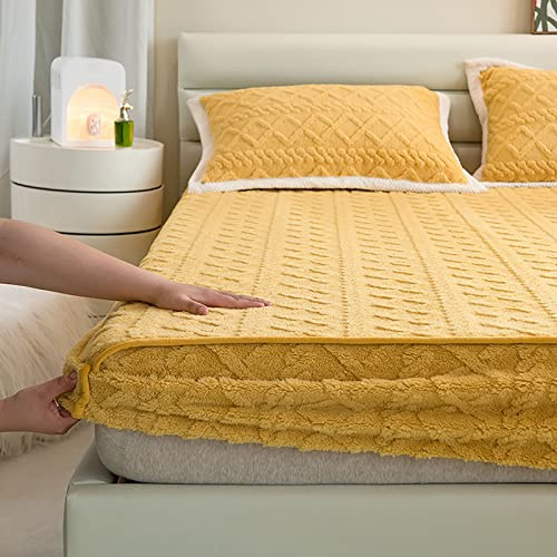 ZYFAB Terciopelo Taffle Sábana Bajera, Lujo Suave Cobertor de Cama Acogedor Cómodo Franela Sábanas Grueso Cálido Sólido Colcha,Amarillo,150 * 200cm