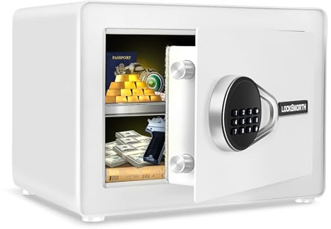 Safe for Home, 1.0 Cubic Feet Small Safe with Removable Shelf, Alarm System, Digital Electronic Security Money Box for Cash, Document, Home, Office, Hotel Use, White, 9.84D x 13.78W x 9.84H