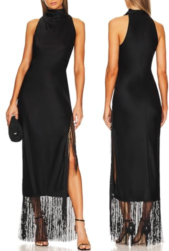 Women Gatsby Vintage Flapper Maxi Dress Halter Tassel Hem Gowns with Slit(S,Black)