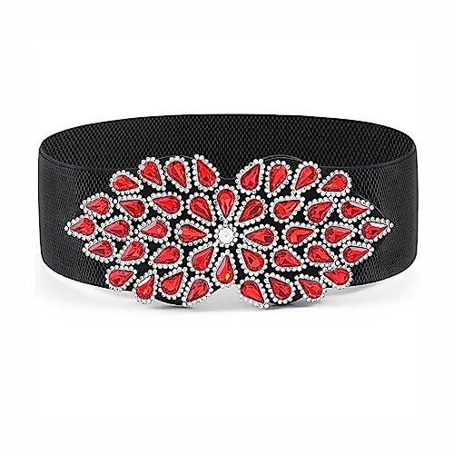 Bohend Crystal Flower Elastic Belt Wide Stretchy Belt Rhinestone Cinch Belts for Dress Vintage Waist Belt for Women and Ladies