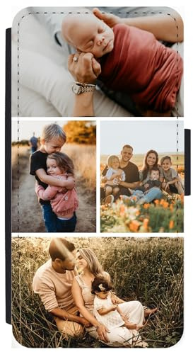 Unique Gifts House Ltd Personalised Phone Case Compatible with iPhone 14 Custom Leather Flip Wallet Case Any Photo Printed Four Pics Anti Drop Personalised Case
