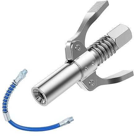Ownkim Boquilla Bomba de engrase G Coupler con Doble asa - Acoplador para Pistolas de engrase, Compatible con Todos los Tipos M6-M14, Manguera de 30 cm incluida