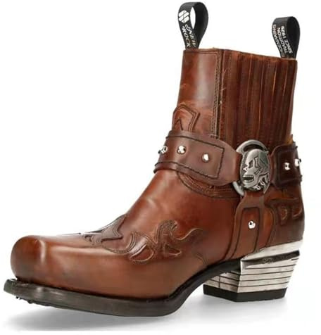 Västerländska ankelstövlar med spänne och rem för män retro läder fyrkantig tå cowboy korta stövlar cowboy motorcykelstövlar