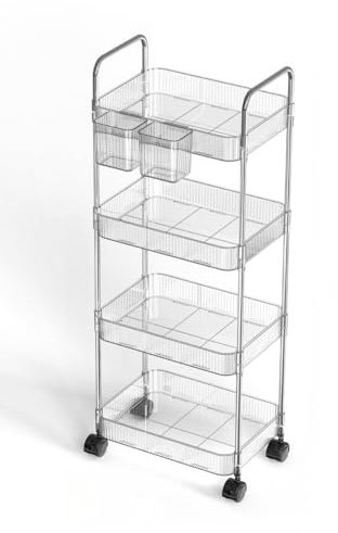 Uwenkjie Aufbewahrungswagen, Rollwagen Acryl 4-lagig, beweglicher Edelstahlwagen mit Griff und multifunktionaler Aufbewahrungsbox, geeignet für Küchen, Badezimmer, Waschküchen, Büros, HJ-001