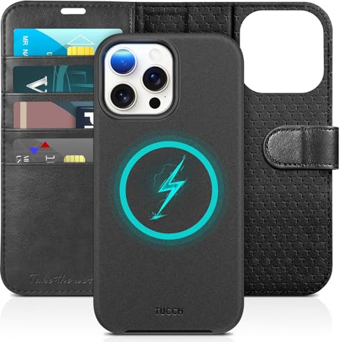 TUCCH Hülle für iPhone 15 Pro Max (6,7 Zoll), Handyhülle, Tiefschwarz | 2-IN-1, Abnehmbar, Magnet, Kabellos Laden, Kartenfach, Lederhülle, RFID Blocker, Schutzhülle