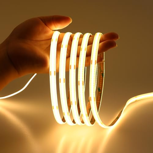 JOYLIT Tiras LED COB 12V 6M 3000K Blanco Cálido CRI 90 Interior | Regulable, 320 LEDs/m sin Puntos Oscuros, 8mm Ancho, Cortable Cada 5cm, Tira Autoadhesiva Luz para Cocina, Muebles, Armarios